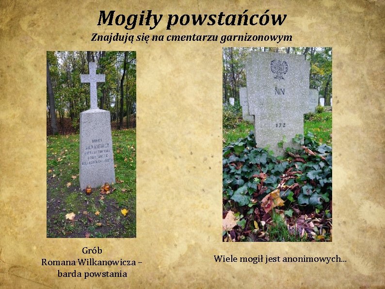 Mogiły powstańców Znajdują się na cmentarzu garnizonowym Grób Romana Wilkanowicza – barda powstania Wiele