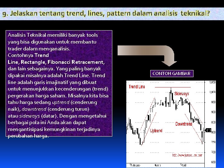 9. Jelaskan tentang trend, lines, pattern dalam analisis teknikal? Analisis Teknikal memiliki banyak tools 9. Jelaskan tentang trend, lines, pattern dalam analisis teknikal? Analisis Teknikal memiliki banyak tools