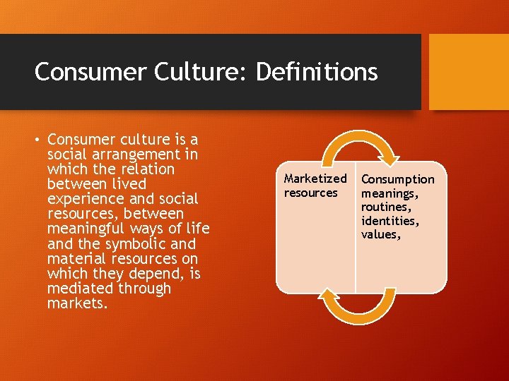 Consumer Culture: Definitions • Consumer culture is a social arrangement in which the relation