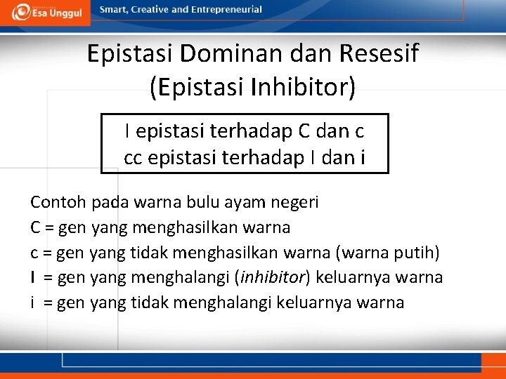 Epistasi Dominan dan Resesif (Epistasi Inhibitor) I epistasi terhadap C dan c cc epistasi