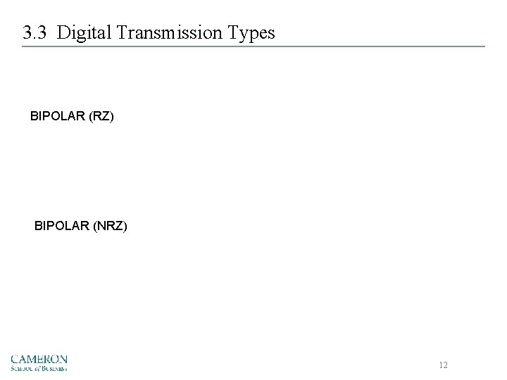 3. 3 Digital Transmission Types BIPOLAR (RZ) BIPOLAR (NRZ) 12 
