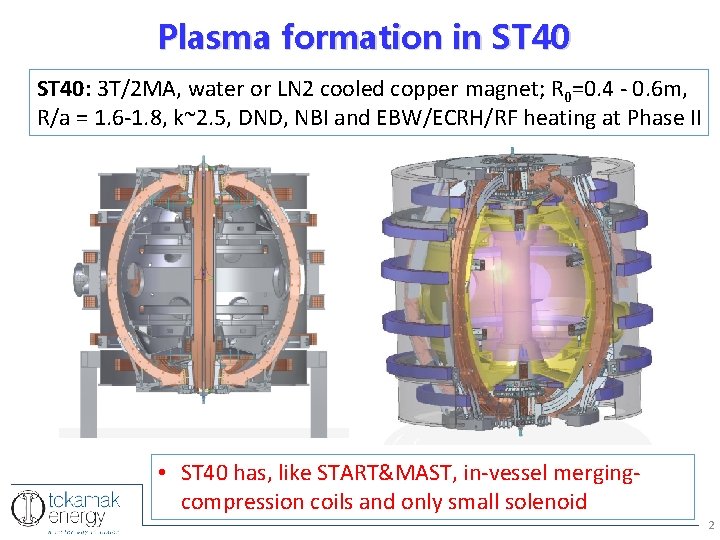 Plasma formation in ST 40: 3 T/2 MA, water or LN 2 cooled copper