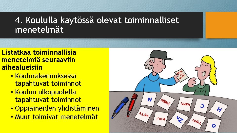 4. Koululla käytössä olevat toiminnalliset menetelmät Listatkaa toiminnallisia menetelmiä seuraaviin aihealueisiin • Koulurakennuksessa tapahtuvat