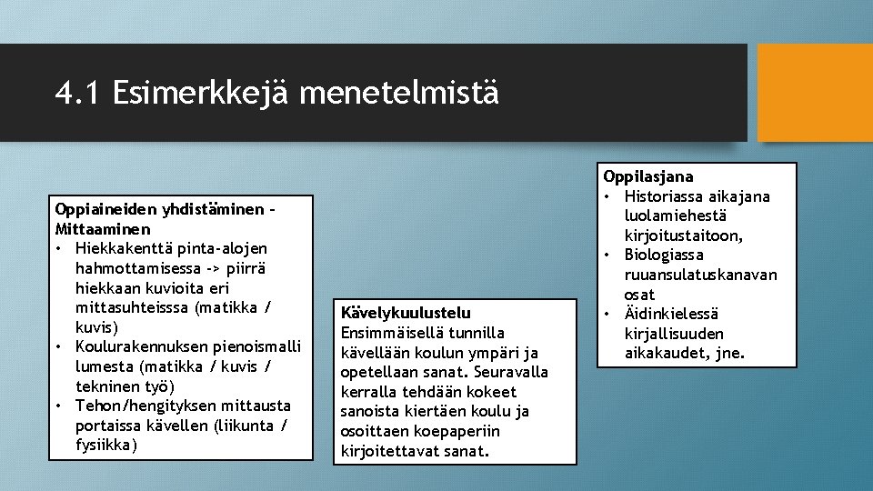 4. 1 Esimerkkejä menetelmistä Oppiaineiden yhdistäminen Mittaaminen • Hiekkakenttä pinta-alojen hahmottamisessa -> piirrä hiekkaan