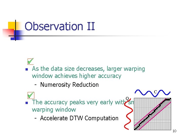 Observation II n As the data size decreases, larger warping window achieves higher accuracy Observation II n As the data size decreases, larger warping window achieves higher accuracy