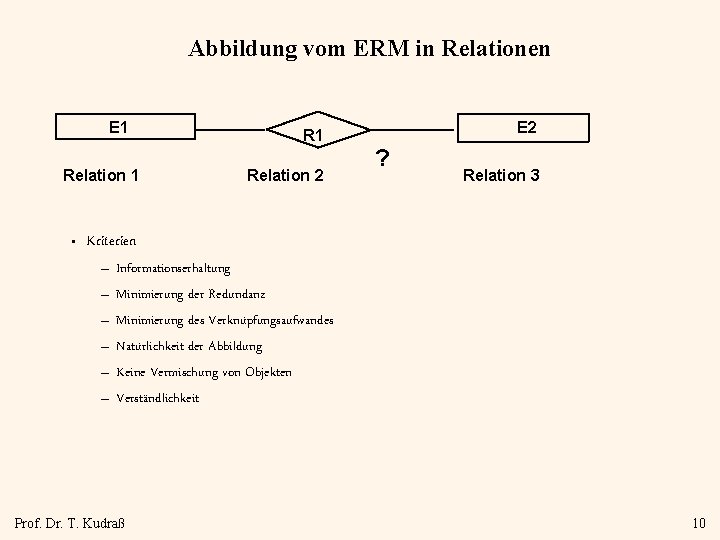 Abbildung vom ERM in Relationen E 1 Relation 1 • E 2 R 1
