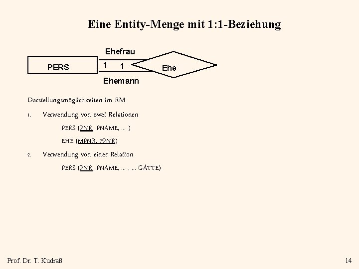 Eine Entity-Menge mit 1: 1 -Beziehung Ehefrau PERS 1 1 Ehemann Darstellungsmöglichkeiten im RM