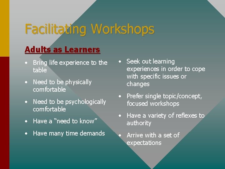 Facilitating Workshops Adults as Learners • Bring life experience to the table • Need
