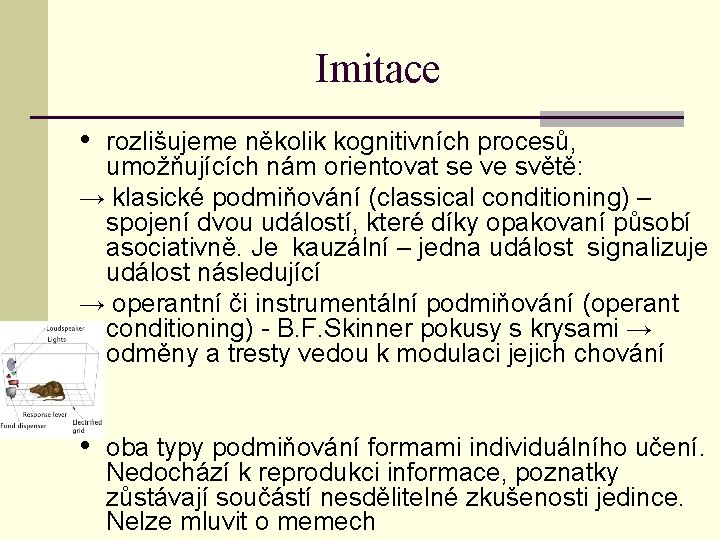 Imitace • rozlišujeme několik kognitivních procesů, umožňujících nám orientovat se ve světě: → klasické