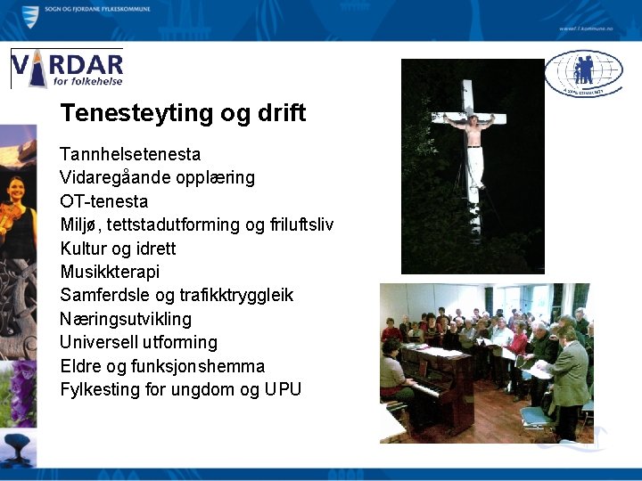 Tenesteyting og drift Tannhelsetenesta Vidaregåande opplæring OT-tenesta Miljø, tettstadutforming og friluftsliv Kultur og idrett