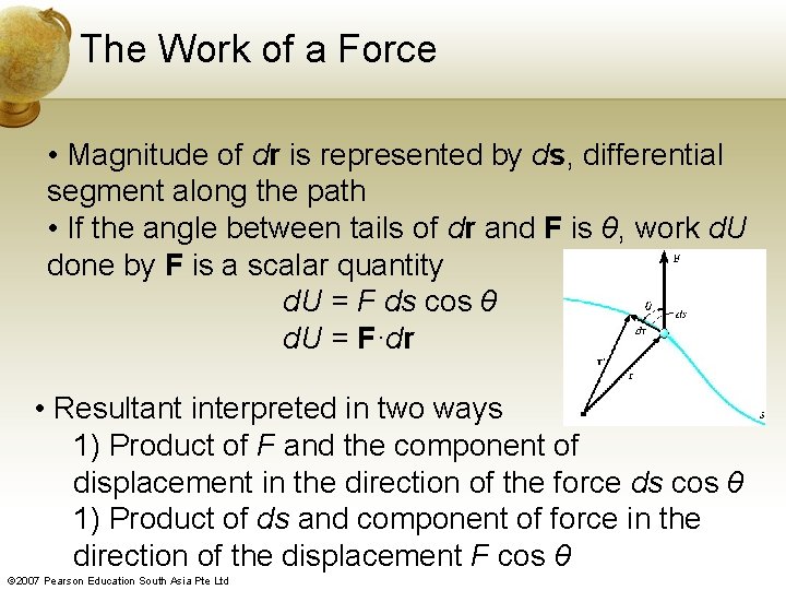 The Work of a Force • Magnitude of dr is represented by ds, differential