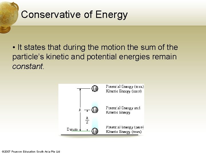 Conservative of Energy • It states that during the motion the sum of the