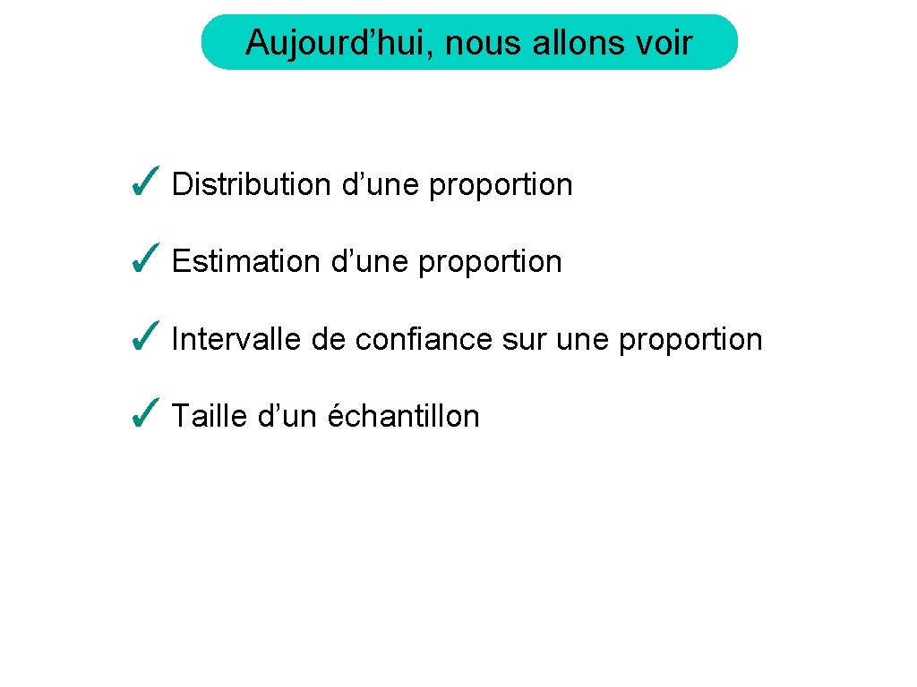 Aujourd’hui, nous allons voir ✓ Distribution d’une proportion ✓ Estimation d’une proportion ✓ Intervalle