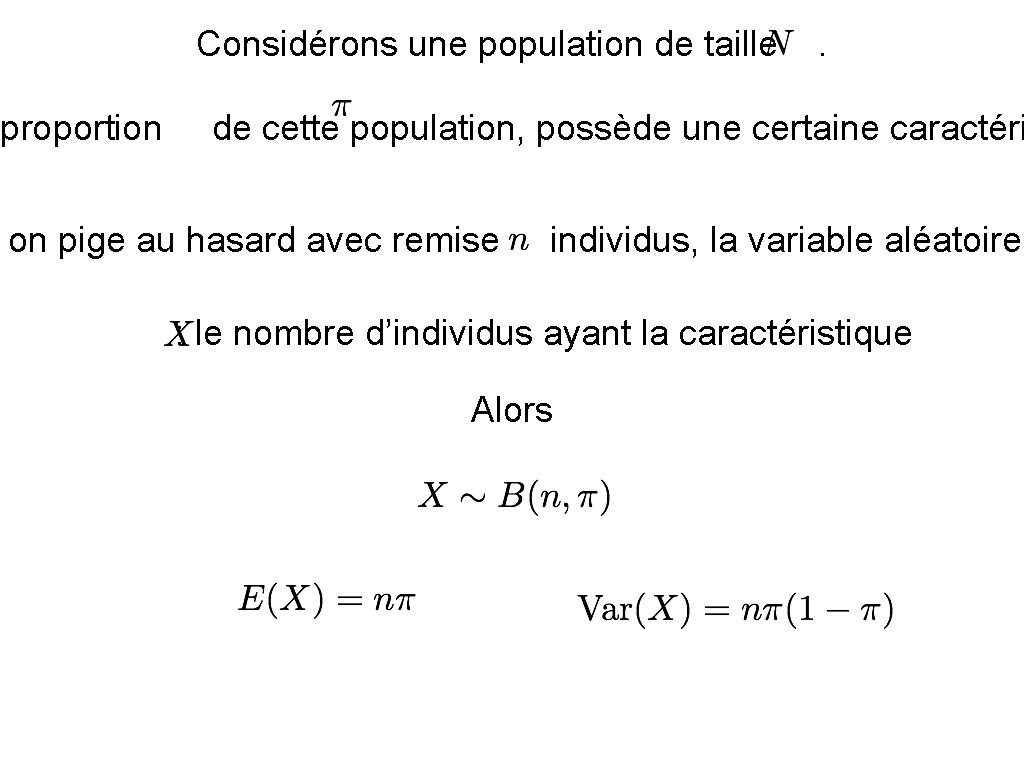 Considérons une population de taille proportion . de cette population, possède une certaine caractéri