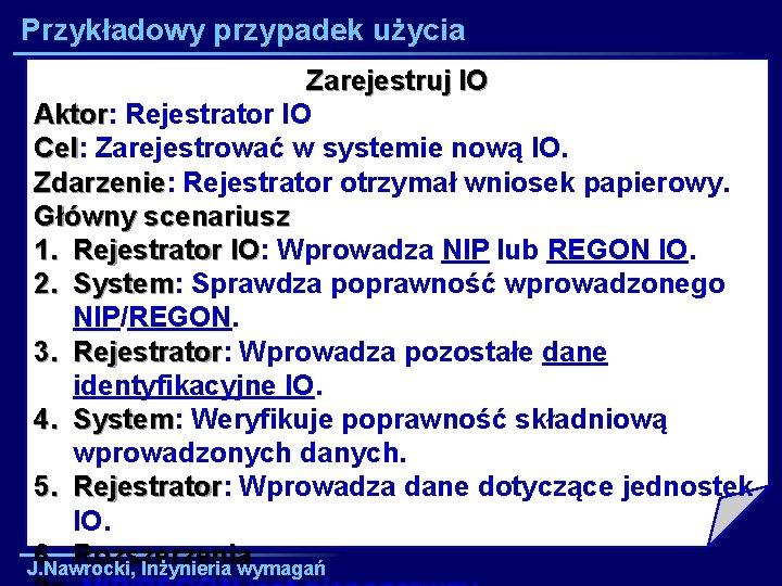 Przykładowy przypadek użycia Zarejestruj IO Aktor: Aktor Rejestrator IO Cel: Cel Zarejestrować w systemie