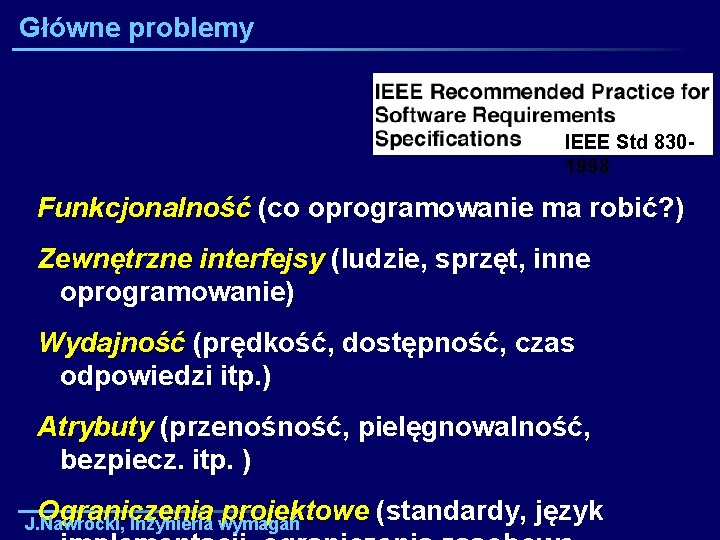 Główne problemy IEEE Std 8301998 Funkcjonalność (co oprogramowanie ma robić? ) Zewnętrzne interfejsy (ludzie,