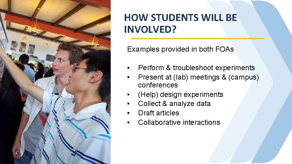 HOW STUDENTS WILL BE INVOLVED? Examples provided in both FOAs • • • Perform