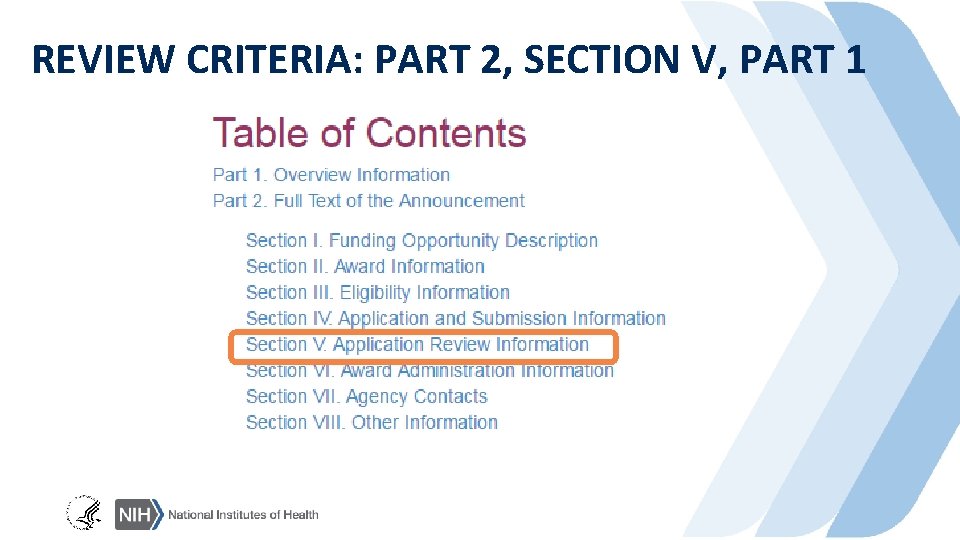 REVIEW CRITERIA: PART 2, SECTION V, PART 1 