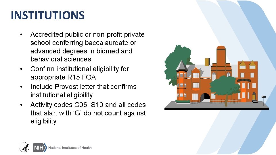 INSTITUTIONS • • Accredited public or non-profit private school conferring baccalaureate or advanced degrees