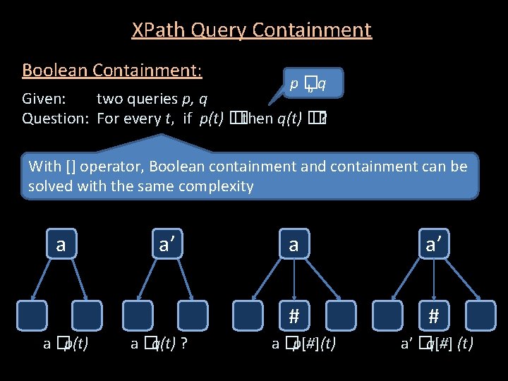 XPath Query Containment Boolean Containment: p � b q Given: two queries p, q