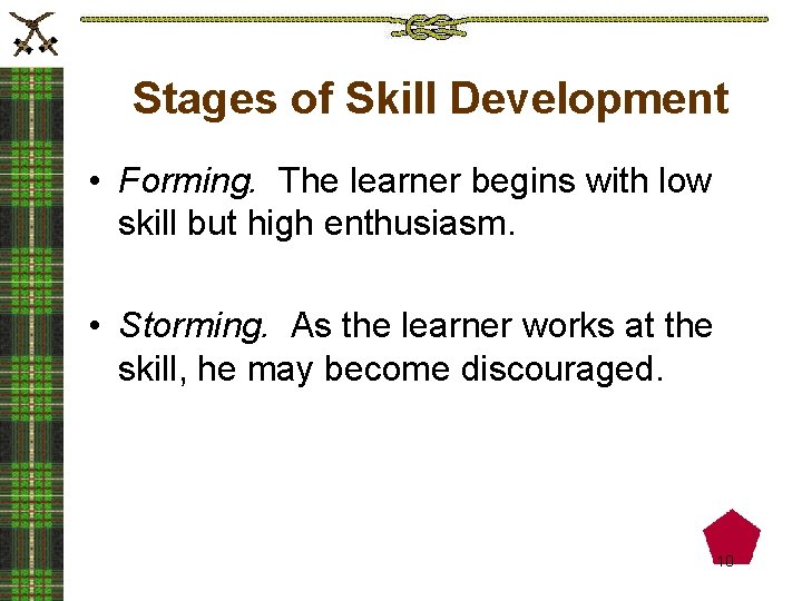 Stages of Skill Development • Forming. The learner begins with low skill but high