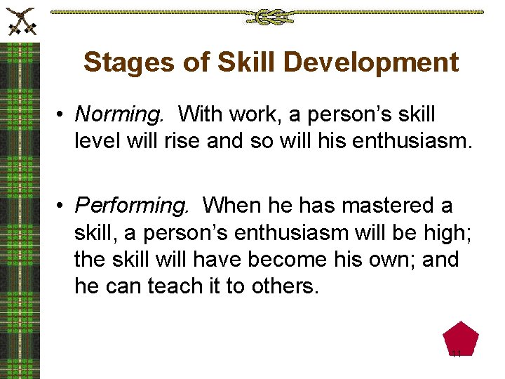 Stages of Skill Development • Norming. With work, a person’s skill level will rise