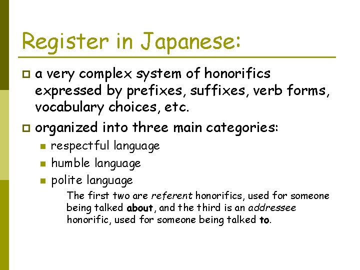 Register in Japanese: a very complex system of honorifics expressed by prefixes, suffixes, verb