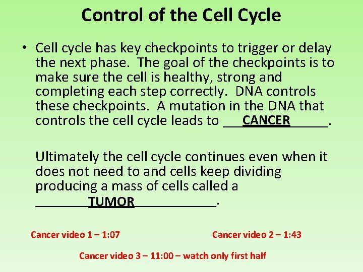 Control of the Cell Cycle • Cell cycle has key checkpoints to trigger or