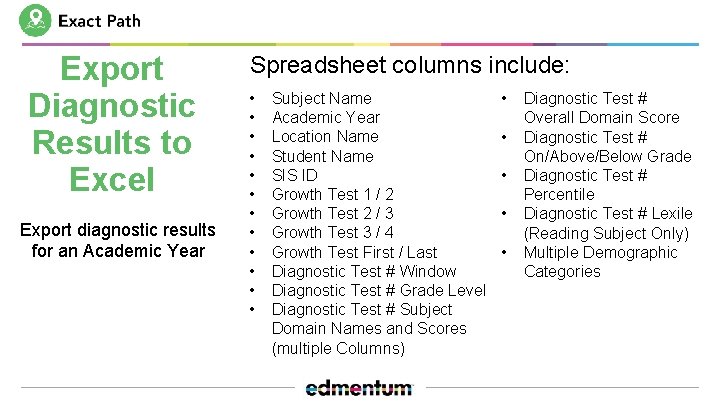 Export Diagnostic Results to Excel Export diagnostic results for an Academic Year Spreadsheet columns