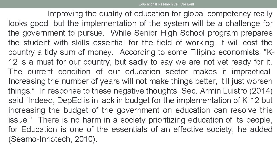Educational Research 2 e: Creswell Improving the quality of education for global competency really