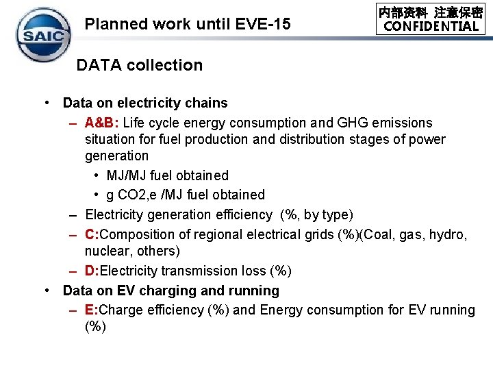 Planned work until EVE-15 内部资料 注意保密 CONFIDENTIAL DATA collection • Data on electricity chains Planned work until EVE-15 内部资料 注意保密 CONFIDENTIAL DATA collection • Data on electricity chains