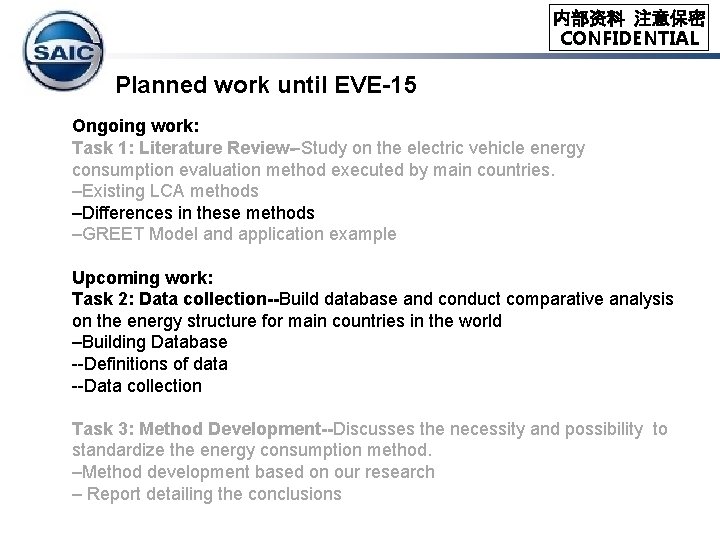 内部资料 注意保密 CONFIDENTIAL Planned work until EVE-15 Ongoing work: Task 1: Literature Review--Study on 内部资料 注意保密 CONFIDENTIAL Planned work until EVE-15 Ongoing work: Task 1: Literature Review--Study on