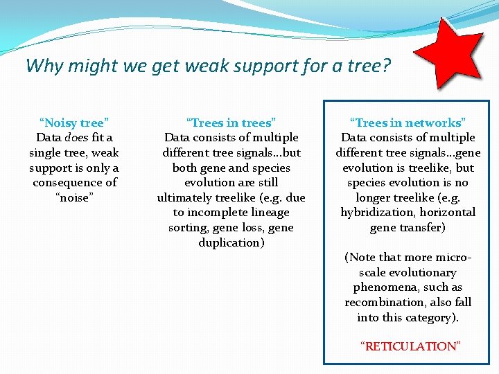 Why might we get weak support for a tree? “Noisy tree” Data does fit
