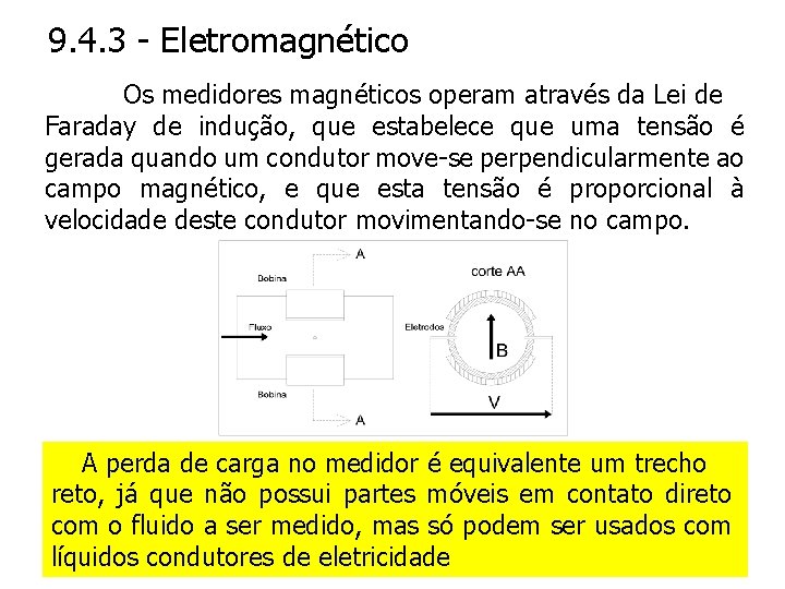 9. 4. 3 - Eletromagnético Os medidores magnéticos operam através da Lei de Faraday