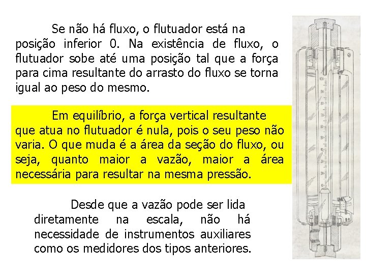 Se não há fluxo, o flutuador está na posição inferior 0. Na existência de