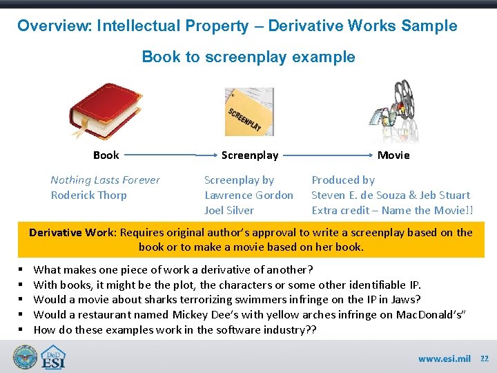 Overview: Intellectual Property – Derivative Works Sample Book to screenplay example Book Screenplay Movie