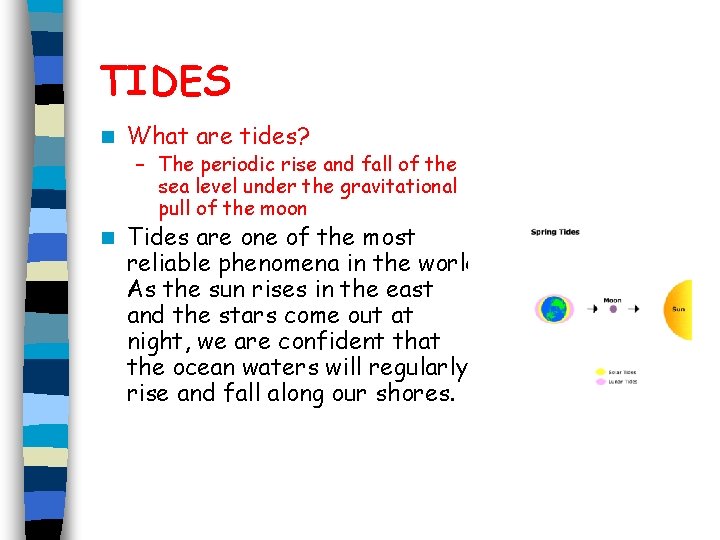 TIDES n What are tides? – The periodic rise and fall of the sea