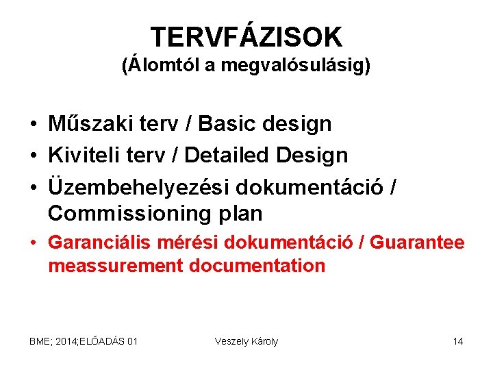 TERVFÁZISOK (Álomtól a megvalósulásig) • Műszaki terv / Basic design • Kiviteli terv /