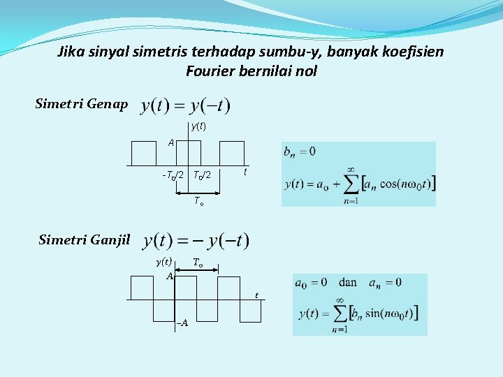 Jika sinyal simetris terhadap sumbu-y, banyak koefisien Fourier bernilai nol Simetri Genap y(t) A
