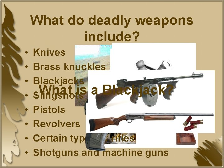 What do deadly weapons include? • • Knives Brass knuckles Blackjacks What is a