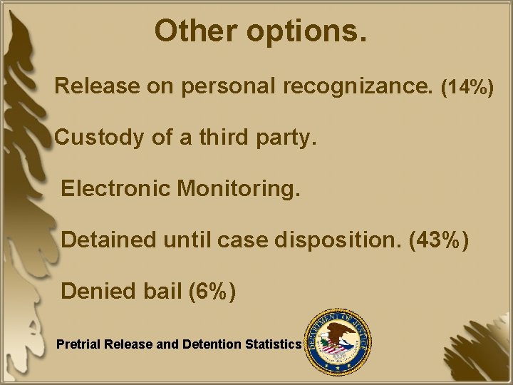 Other options. Release on personal recognizance. (14%) Custody of a third party. Electronic Monitoring.