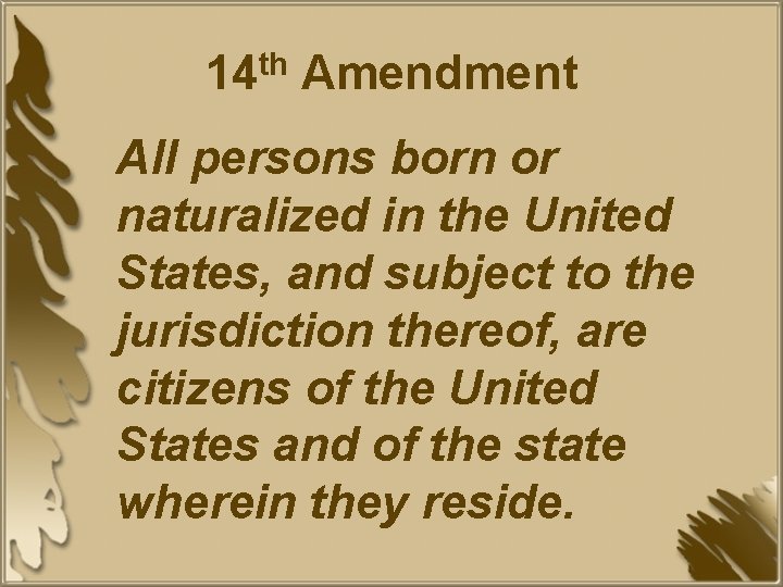 14 th Amendment All persons born or naturalized in the United States, and subject