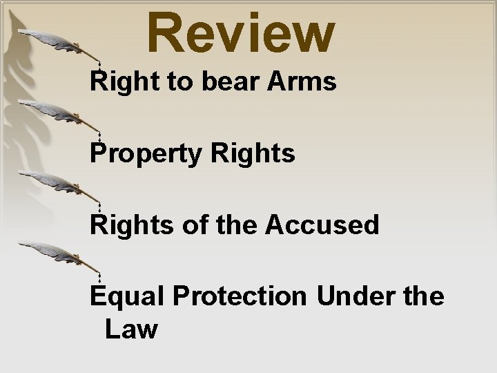 Review Right to bear Arms Property Rights of the Accused Equal Protection Under the