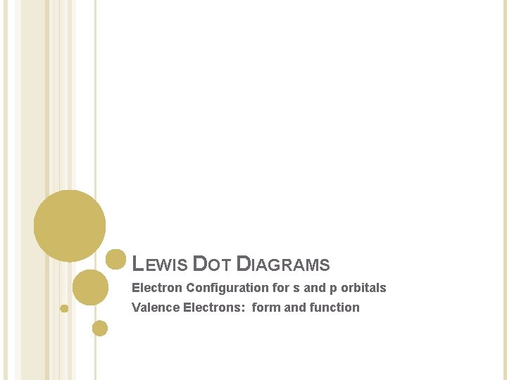 LEWIS DOT DIAGRAMS Electron Configuration for s and p orbitals Valence Electrons: form and