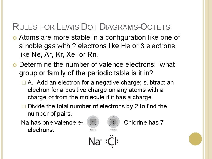 RULES FOR LEWIS DOT DIAGRAMS-OCTETS Atoms are more stable in a configuration like one