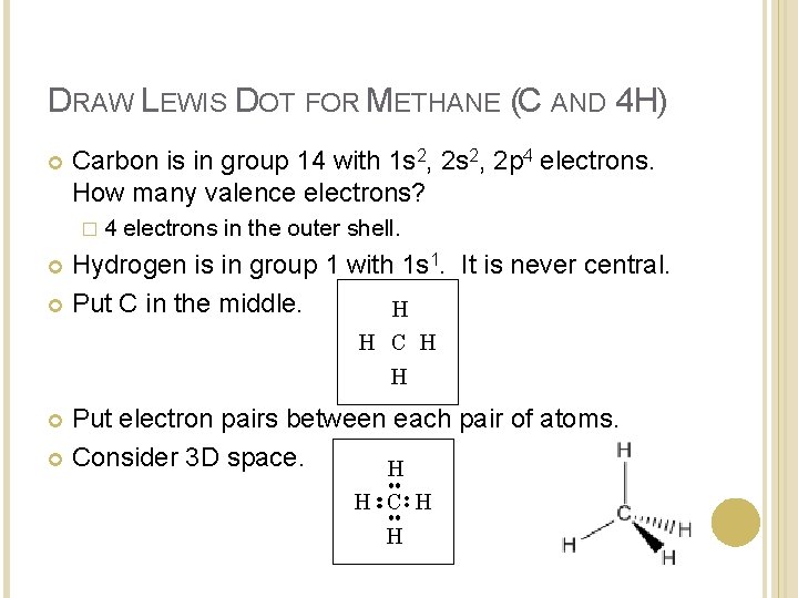 DRAW LEWIS DOT FOR METHANE (C AND 4 H) Carbon is in group 14