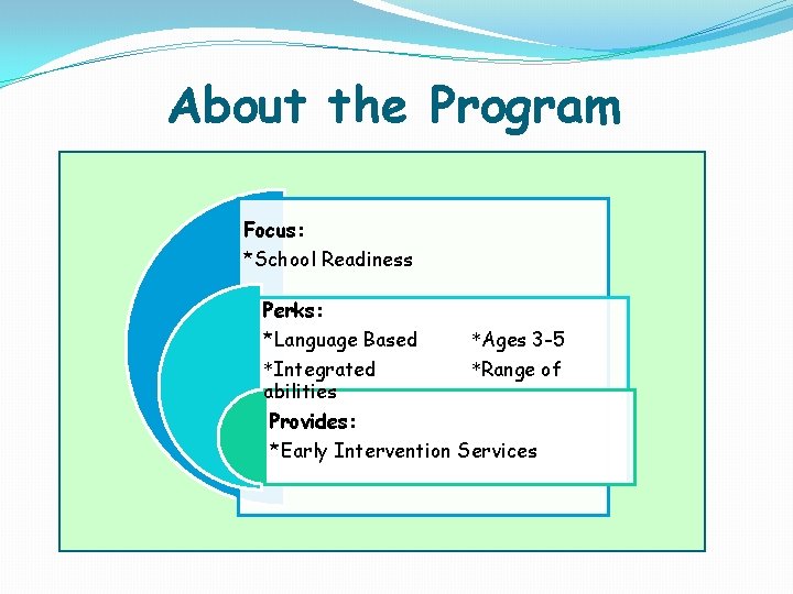 About the Program Focus: *School Readiness Perks: *Language Based *Integrated abilities *Ages 3 -5 About the Program Focus: *School Readiness Perks: *Language Based *Integrated abilities *Ages 3 -5