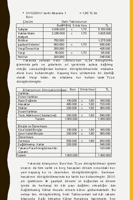  • 31/12/20 XX tarihi itibariyle 1 = 1, 80 TL’dir. Euro Çözüm Gelir