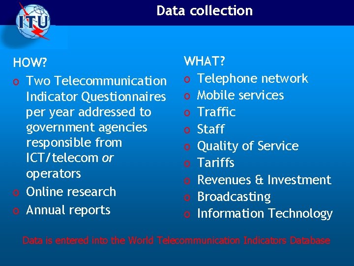 Data collection HOW? o Two Telecommunication Indicator Questionnaires per year addressed to government agencies