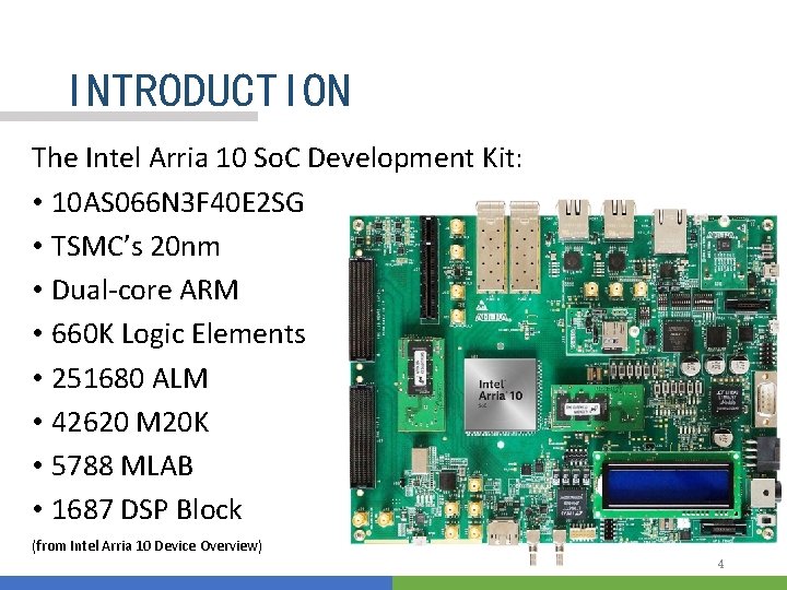 INTRODUCTION The Intel Arria 10 So. C Development Kit: • 10 AS 066 N